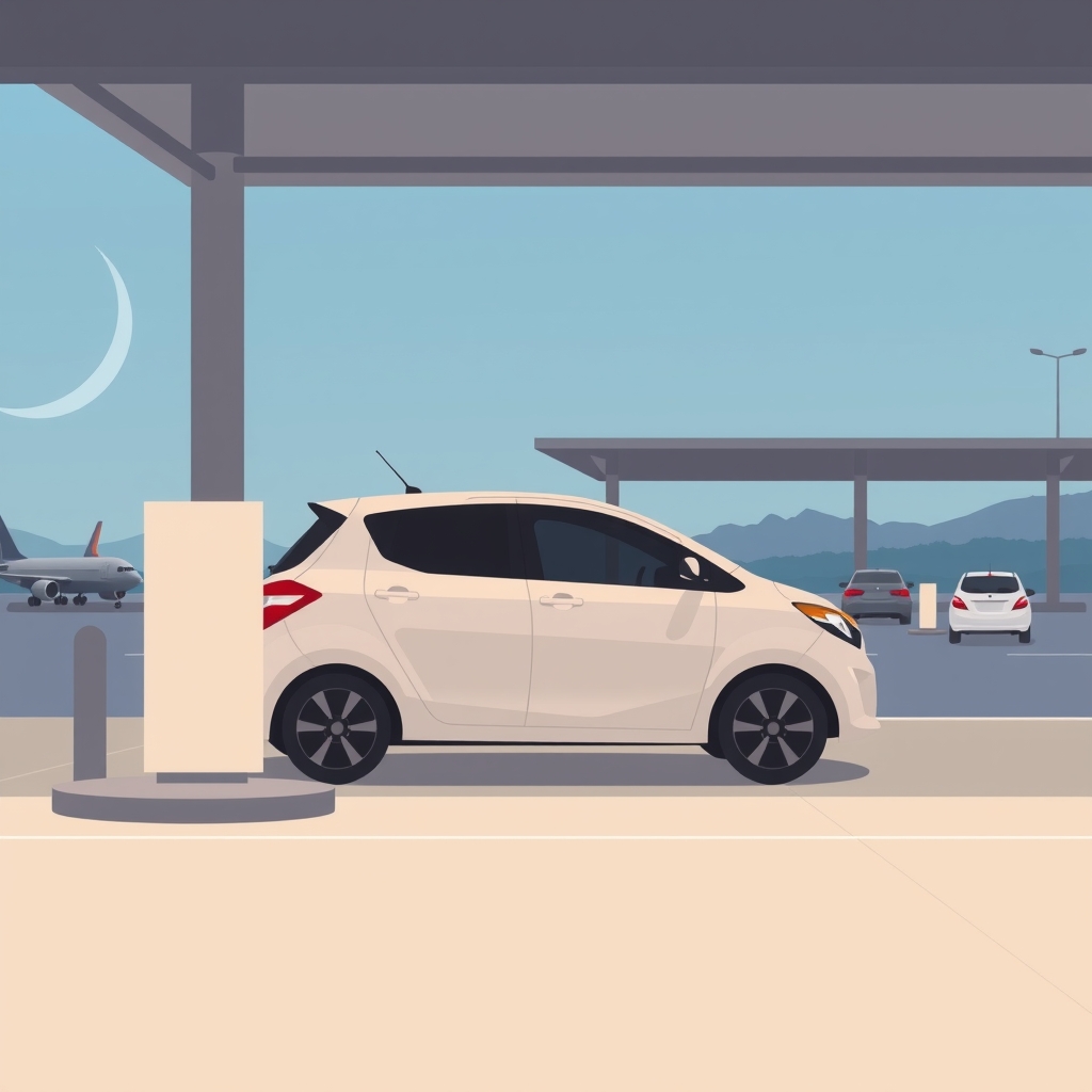 Illustration of a car pulling up beside a plain pay bollard under an airport terminal drop-off canopy at dusk.