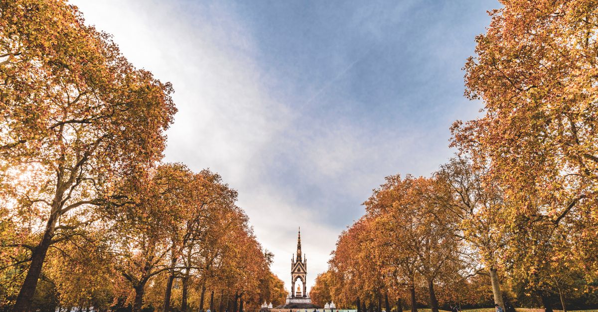 Picturesque view of the Albert Memorial with vibrant autumn foliage in London.