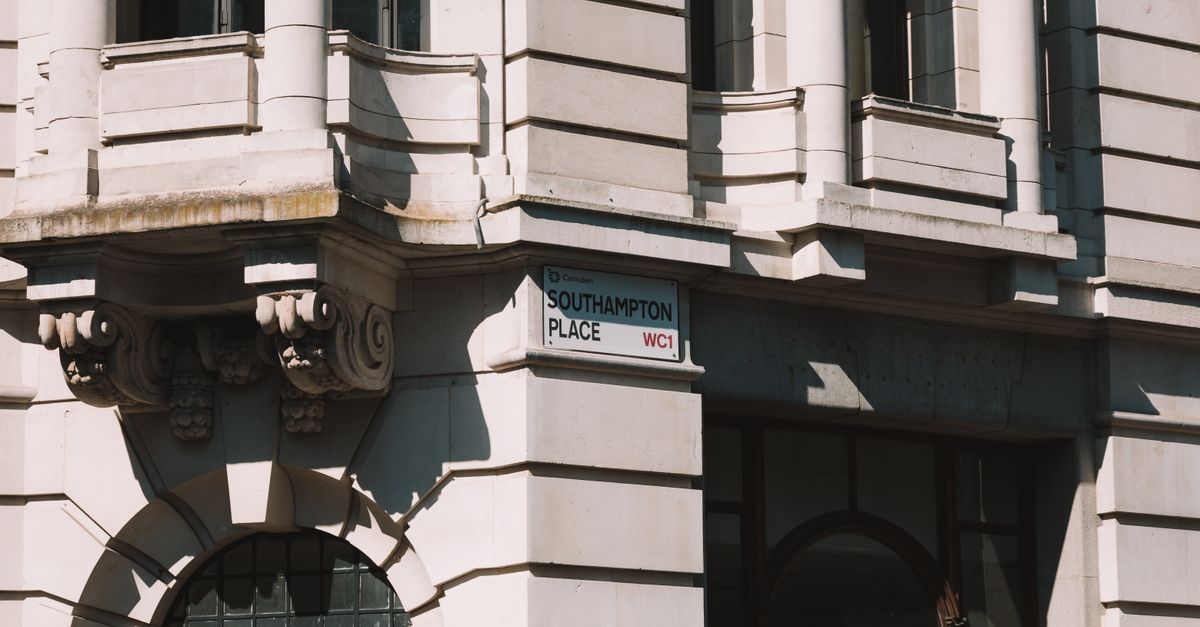 A classic architectural facade with detailed cornices at Southampton Place, London.