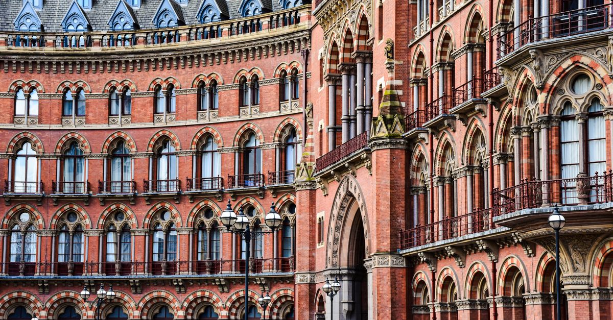 Detailed exterior view of the iconic St Pancras Renaissance Hotel in London, showcasing its Victorian architecture.